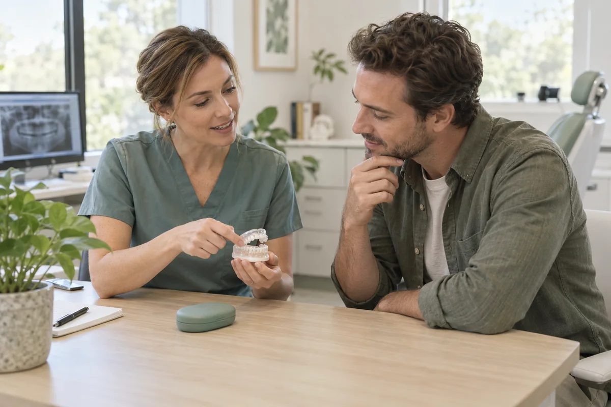 Illustrative dental consultation with a clinician explaining a dental model to an adult patient.