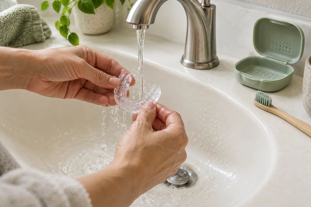 Illustrative hands rinsing a clear dental appliance at a sink beside a brush and ventilated storage case.